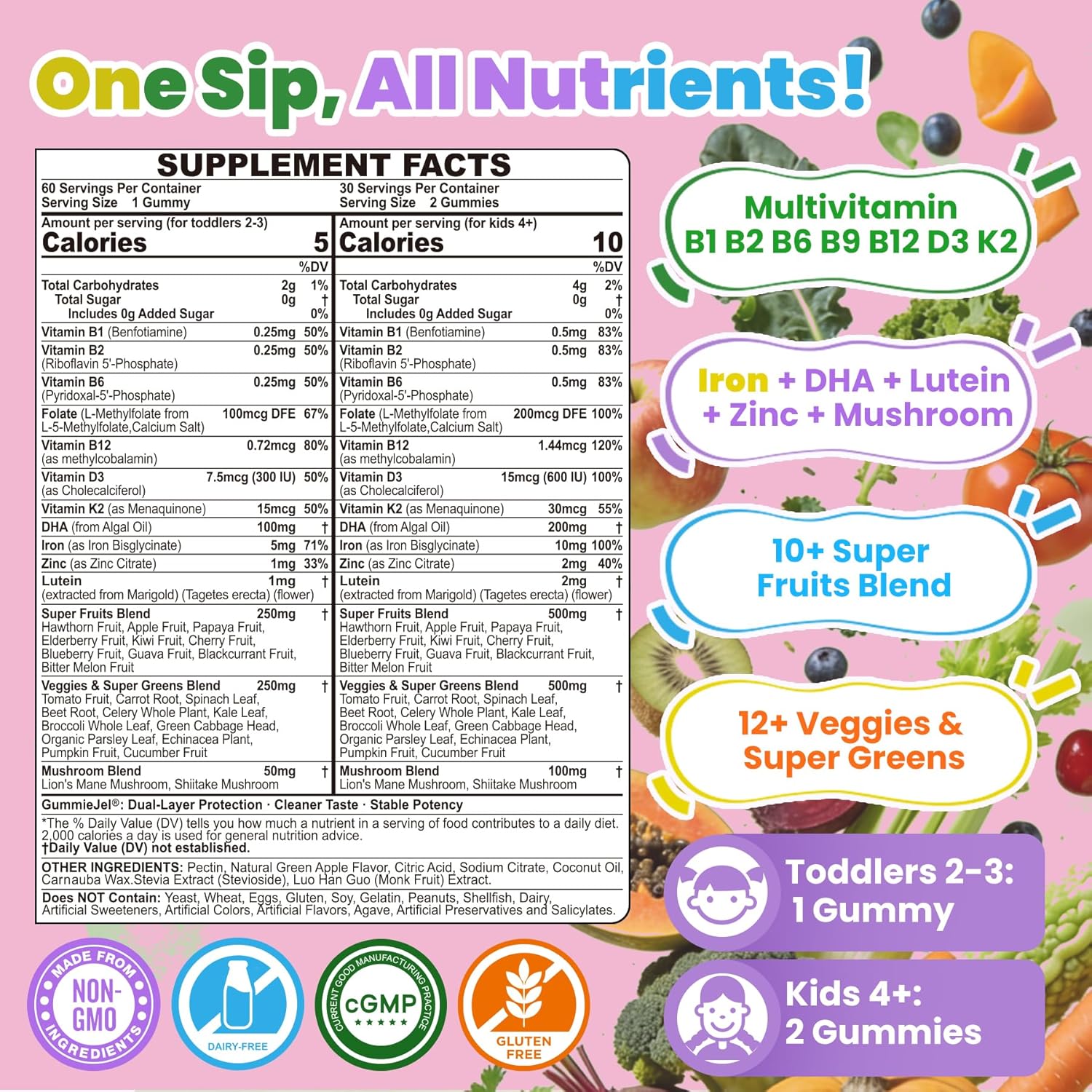 Toddlers 2-3 & Kids 4+ Picky Eater Vitamins with Iron, for Minors Aged 2-17, Children Teens Multiviamin Supergreen Filled Gummies, Methylated B6, B9,B12, Fruits + Veggies + Mushroom, Sugar Free - PrimeBioHealth - canada supplements
