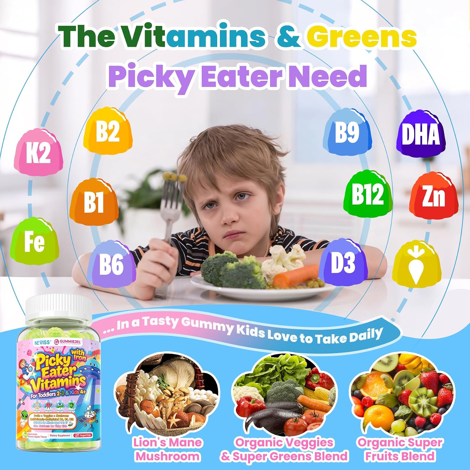 Toddlers 2-3 & Kids 4+ Picky Eater Vitamins with Iron, for Minors Aged 2-17, Children Teens Multiviamin Supergreen Filled Gummies, Methylated B6, B9,B12, Fruits + Veggies + Mushroom, Sugar Free - PrimeBioHealth - canada supplements