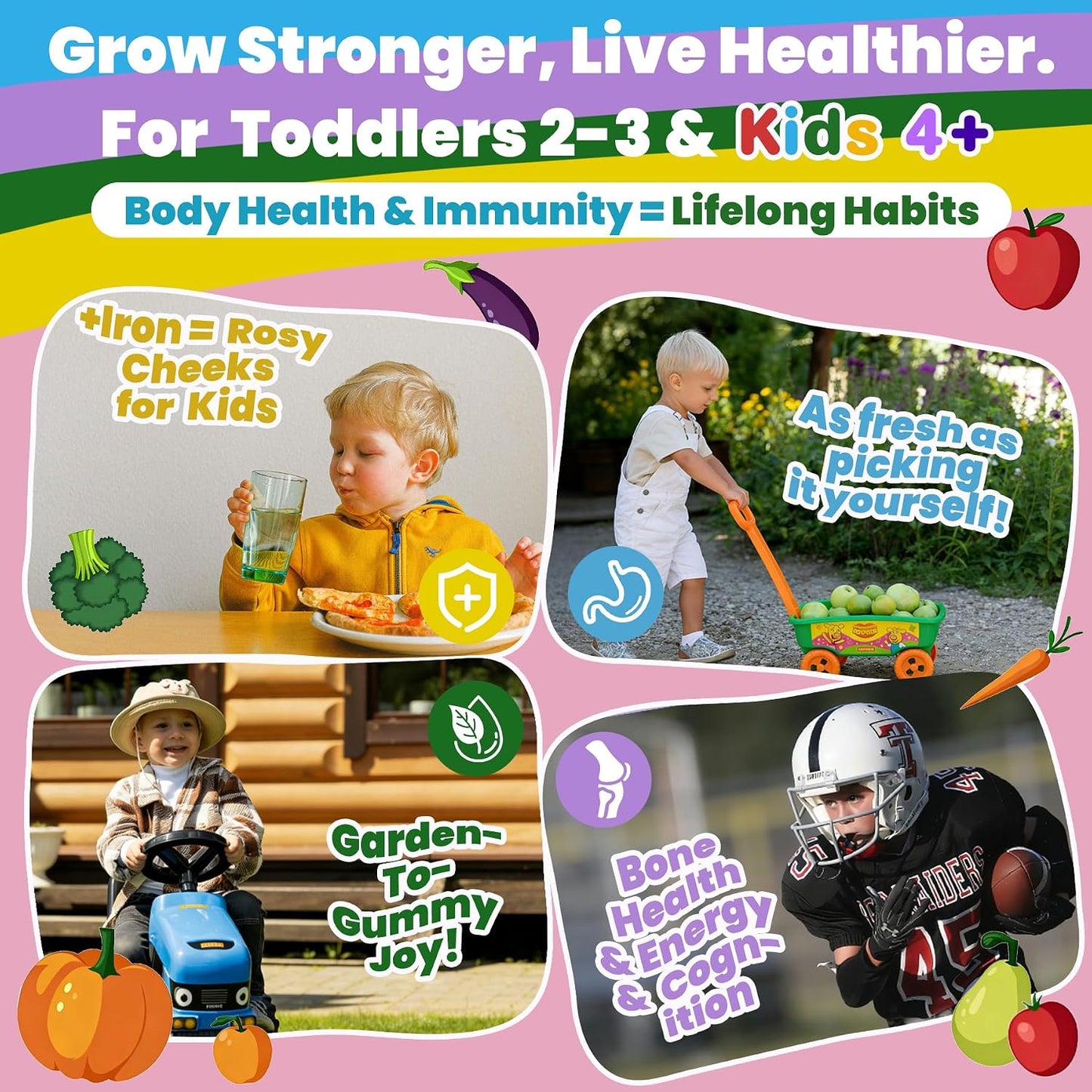 Toddlers 2-3 & Kids 4+ Picky Eater Vitamins with Iron, for Minors Aged 2-17, Children Teens Multiviamin Supergreen Filled Gummies, Methylated B6, B9,B12, Fruits + Veggies + Mushroom, Sugar Free - PrimeBioHealth - canada supplements