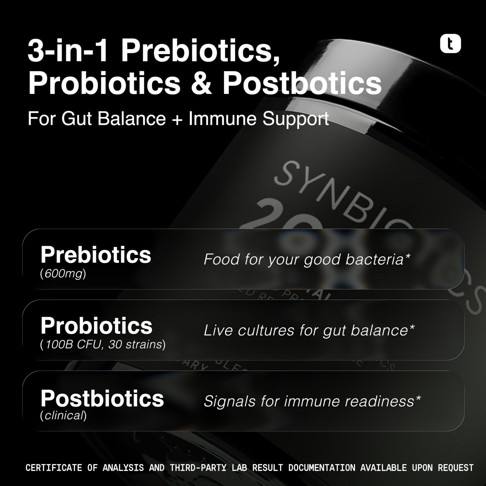 Toniiq Prebiotics and Probiotics – 200B CFU Synbiotic with Postbiotics IMMUSE® & ButyraGen® – 30 Strains for Gut & Digestive Health – Shelf-Stable - PrimeBioHealth - canada supplements