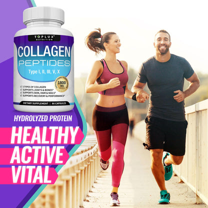 Toplux Multi Collagen Peptides Pills 1800 Mg Complex - Type I, II, III, V, X Premium Collagen Complex for Better Skin & Hair, Strong Joint, Hydrolyzed Protein - PrimeBioHealth - canada supplements