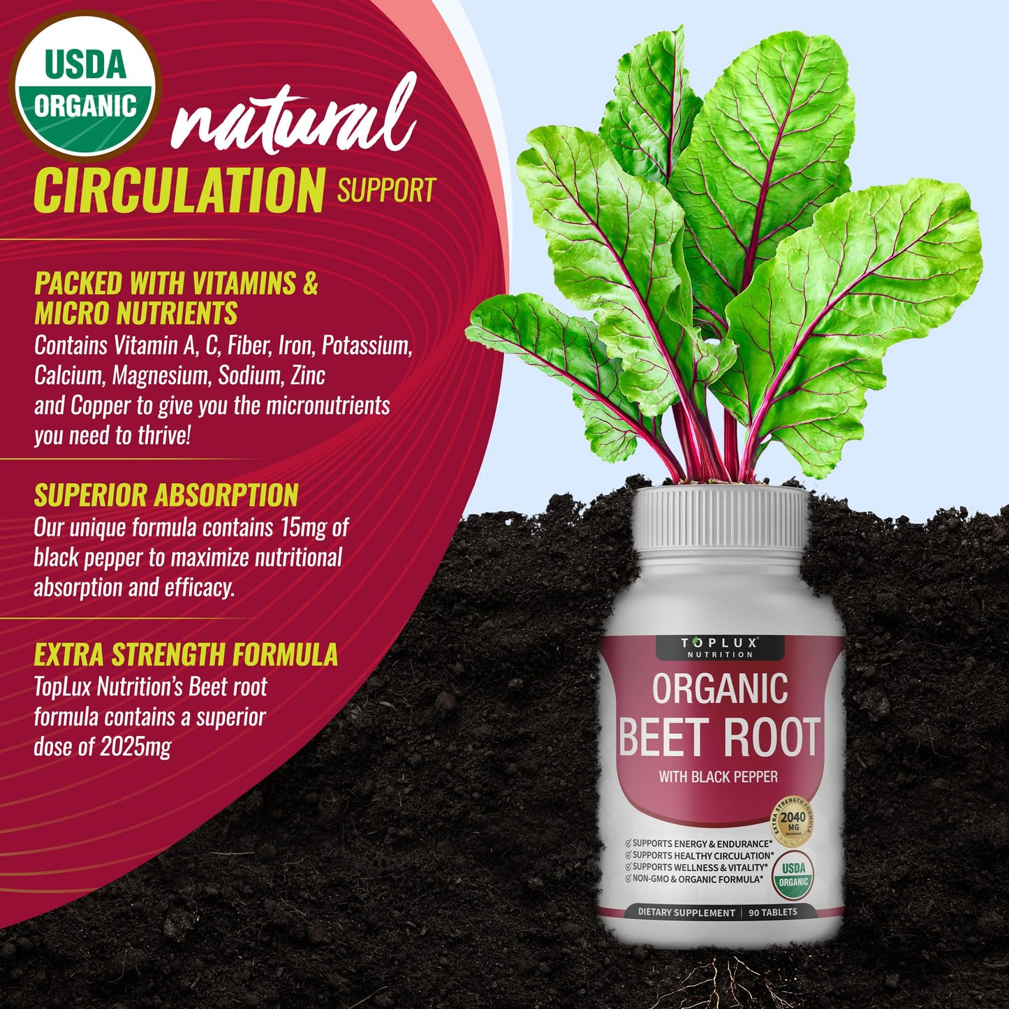 Toplux Organic Beet Root Powder Tablets - 2040mg Natural Nitric Oxide Beets to Support, Energy, Black Pepper Better Absorption, Non-GMO, for Men Women, 90 Tablets - PrimeBioHealth - canada supplements
