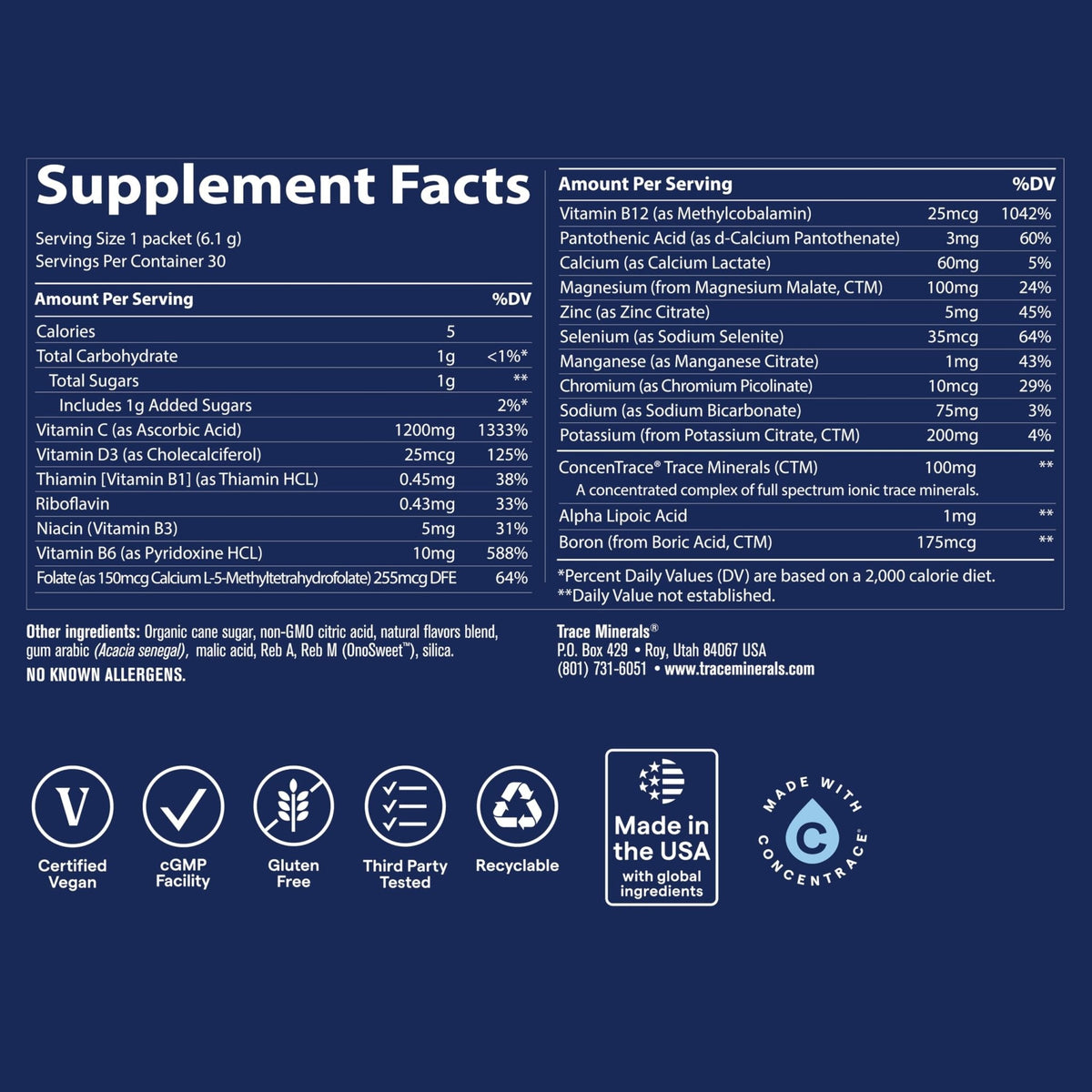 Trace Minerals Power Pak Multivitamin and Multimineral Packets - Electrolyte Support - 1200 mg Vitamin C plus 70+ Trace Minerals - Lemon Lime Flavor - 30 Packets - PrimeBioHealth - canada supplements