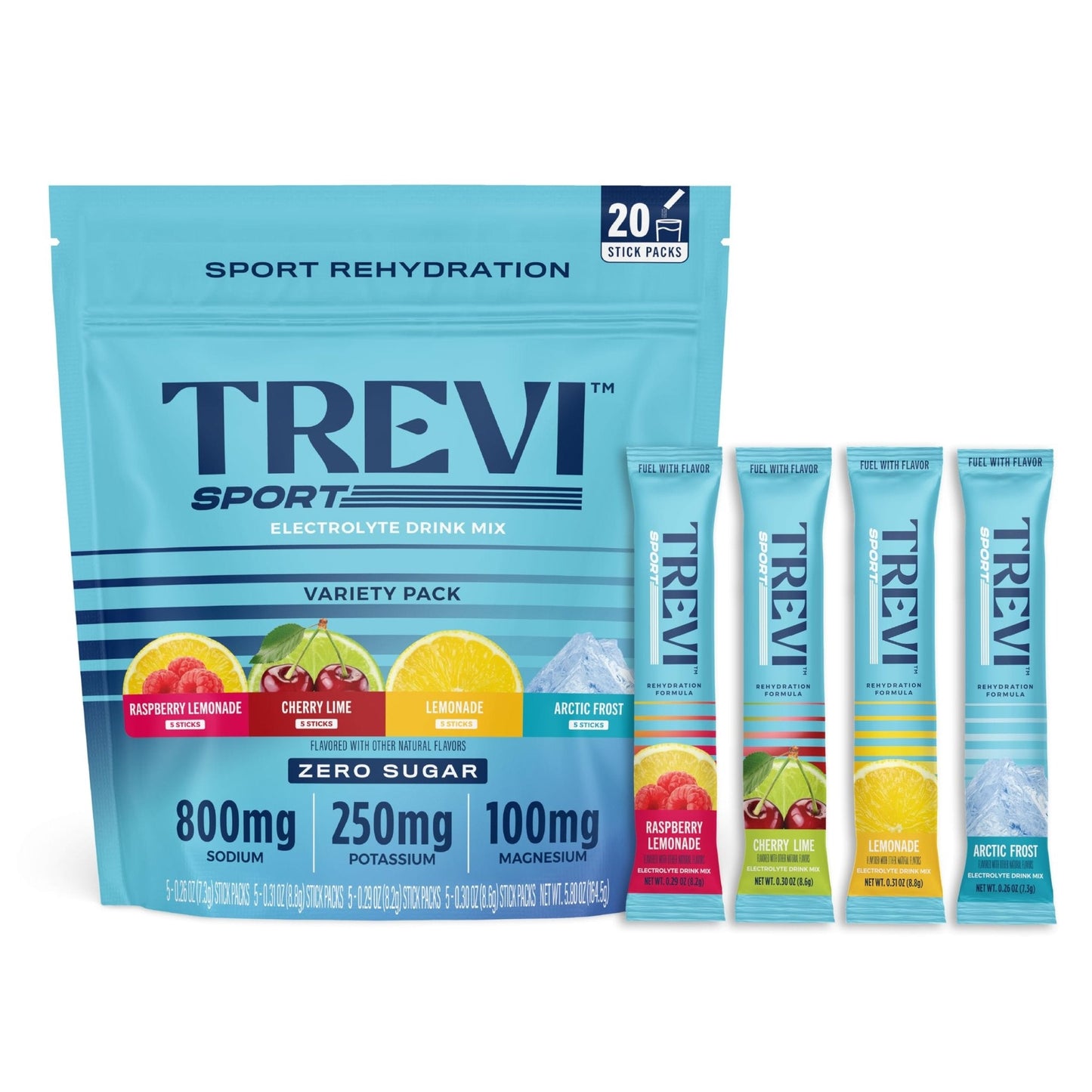 TREVI™ Sport Electrolytes Powder Packets Sugar Free - 800mg Sodium - 250mg Potassium - 100mg Magnesium - Water Drink Mix Rehydration Essentials - 20 Count - Variety Pack - PrimeBioHealth - canada supplements