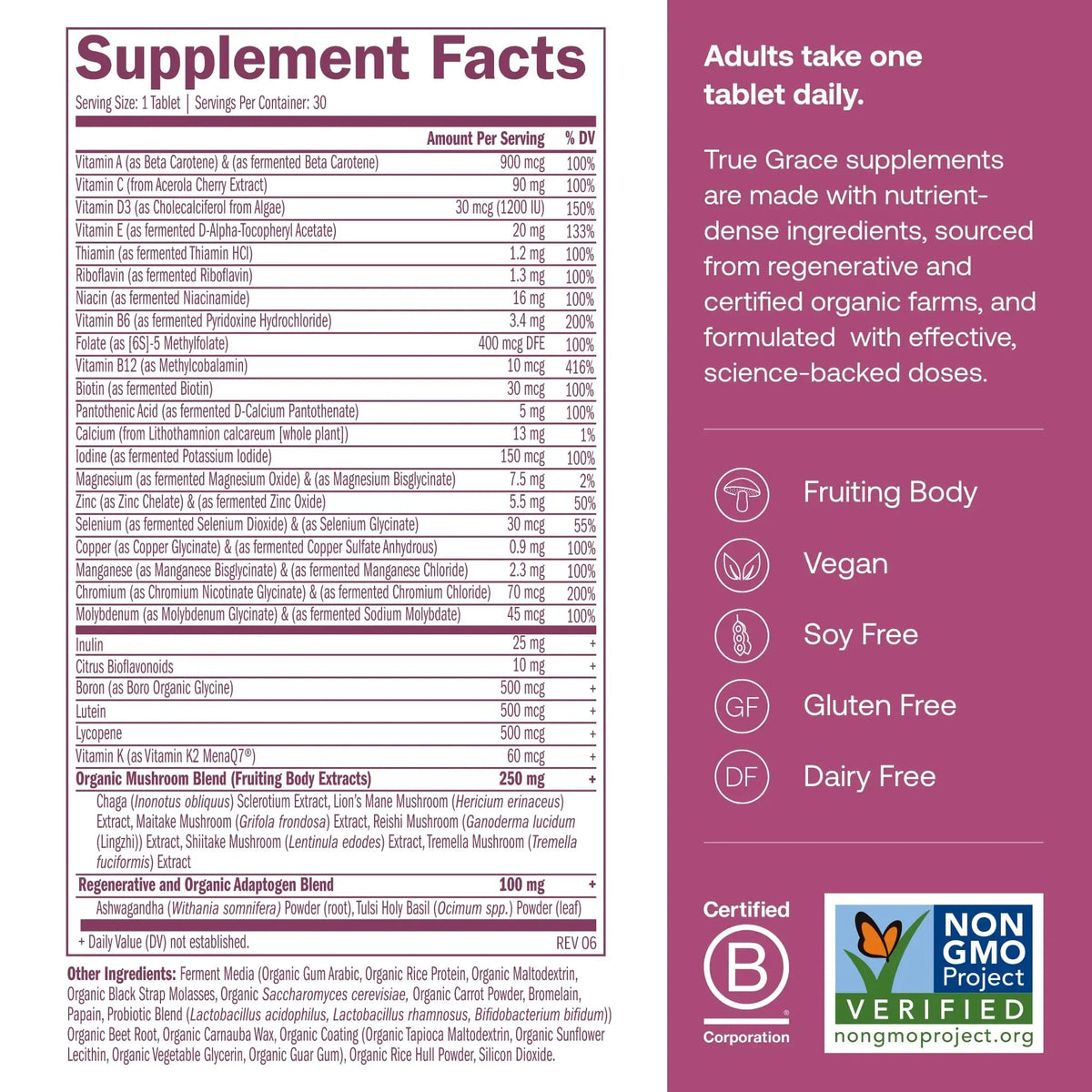 True Grace One Daily Women’s Multivitamin 40+ Fermented Minerals, Organic Adaptogens & Mushrooms Energy, Immune, Bone Support - PrimeBioHealth - canada supplements