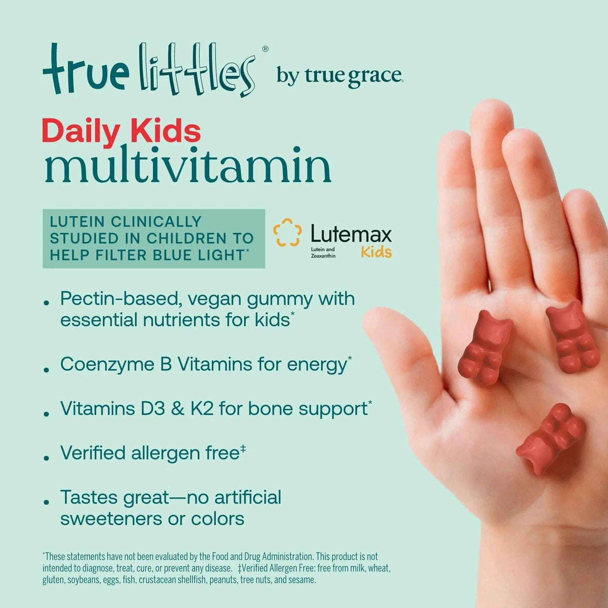 True Grace True Littles Daily Kids Multi - 120 Pectin Gummies - Immune, Cognitive, Bone & Eye Support - Clinically Studied Lutemax Kids Lutein
