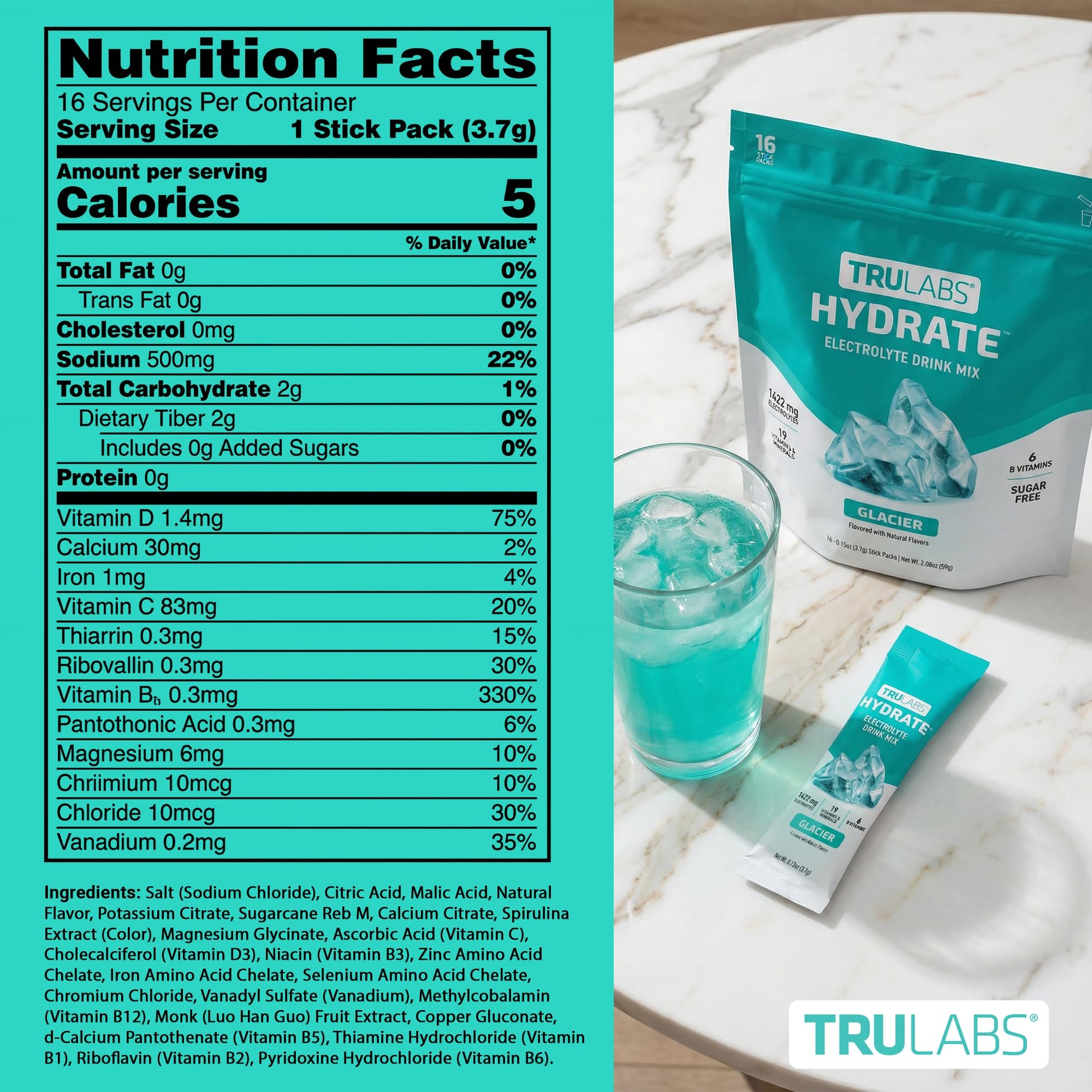 TRULABS Hydrate Electrolyte Drink Mix – Glacier Flavor, Sugar-Free Hydration Packets with 1422 mg Electrolytes & 19 Vitamins & Minerals, Monk Fruit Sweetened, On-the-Go Sticks (16 Count) - PrimeBioHealth - canada supplements