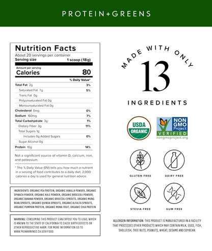 Truvani Protein + Greens Supplement | Spinach, Kale & Broccoli | 10g Organic Plant Based Protein | 20 Servings | USDA Organic | Gluten & Dairy Free - PrimeBioHealth - canada supplements