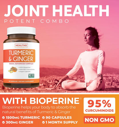Turmeric and Ginger Supplement (Non-GMO) 1980mg Serving - Turmeric Curcumin with Black Pepper Bioperine, Ginger Extract, and 95% Curcuminoids Powder - Tumeric Joint Support Supplement - 90 Capsules - PrimeBioHealth - canada supplements