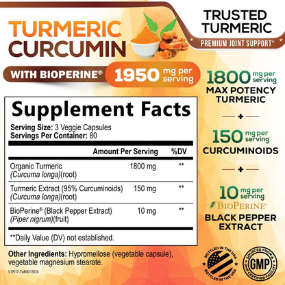 Turmeric Curcumin Supplement - 95% Curcuminoids with Organic Turmeric & BioPerine Black Pepper for Best Absorption - Daily Joint & Immune Health Support - PrimeBioHealth - canada supplements
