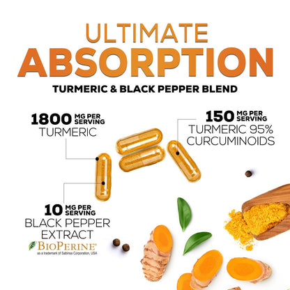 Turmeric Curcumin Supplement - 95% Curcuminoids with Organic Turmeric & BioPerine Black Pepper for Best Absorption - Daily Joint & Immune Health Support - PrimeBioHealth - canada supplements