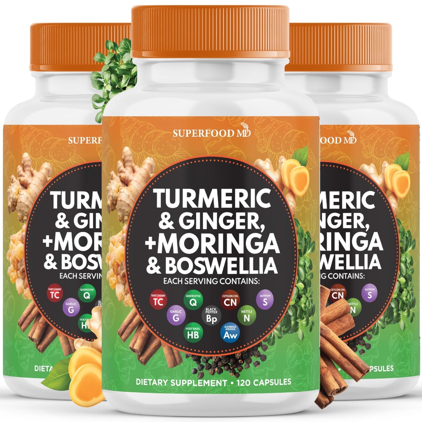 Turmeric Moringa Supplement | Ginger, Boswellia, Saffron, Holy Basil- Joint Support Supplement for Women and Men with Ceylon Cinnamon, Quercetin, Tart Cherry- 240 Count - PrimeBioHealth - canada supplements