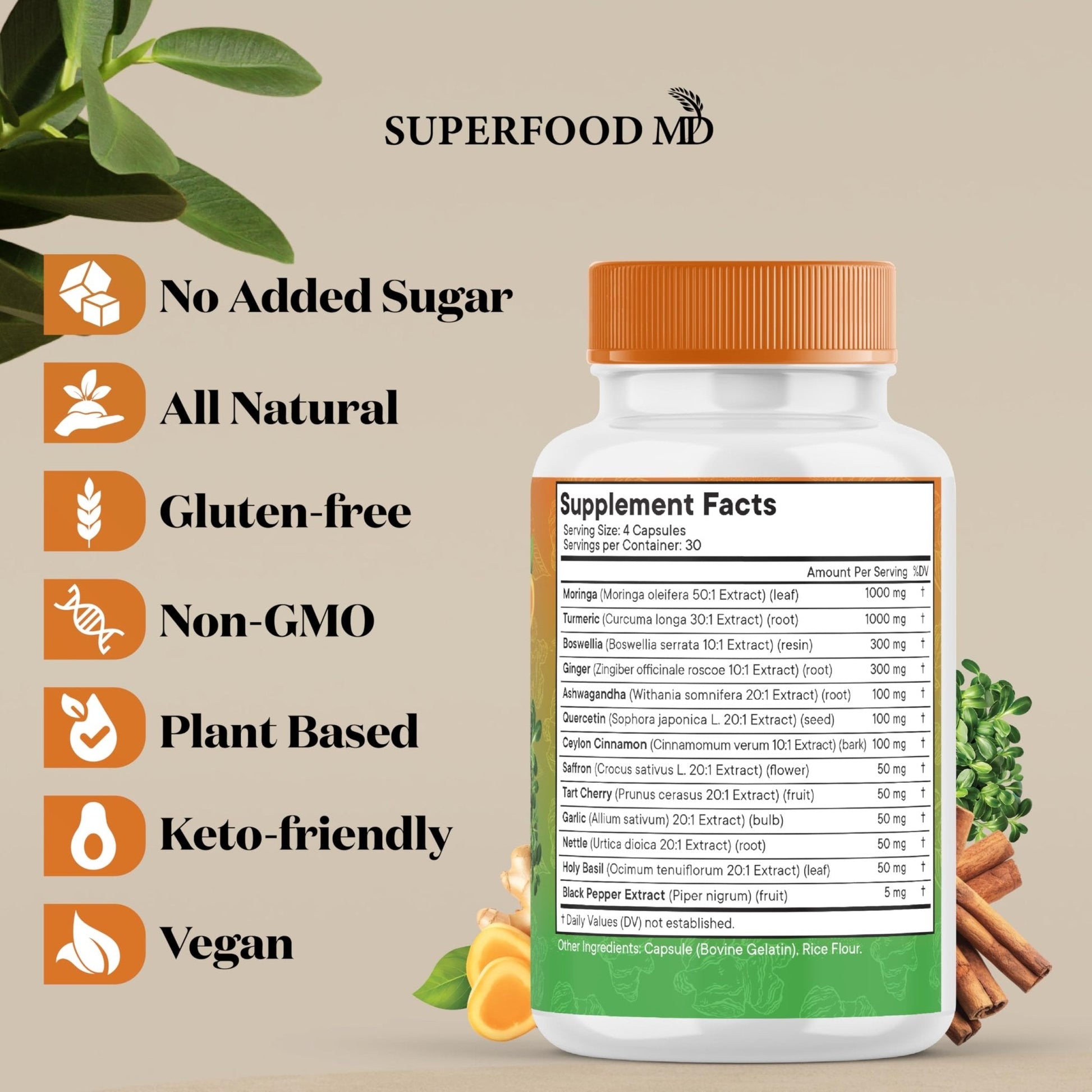 Turmeric Moringa Supplement | Ginger, Boswellia, Saffron, Holy Basil- Joint Support Supplement for Women and Men with Ceylon Cinnamon, Quercetin, Tart Cherry- 240 Count - PrimeBioHealth - canada supplements