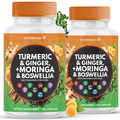Turmeric Moringa Supplement | Ginger, Boswellia, Saffron, Holy Basil- Joint Support Supplement for Women and Men with Ceylon Cinnamon, Quercetin, Tart Cherry- 240 Count - PrimeBioHealth - canada supplements