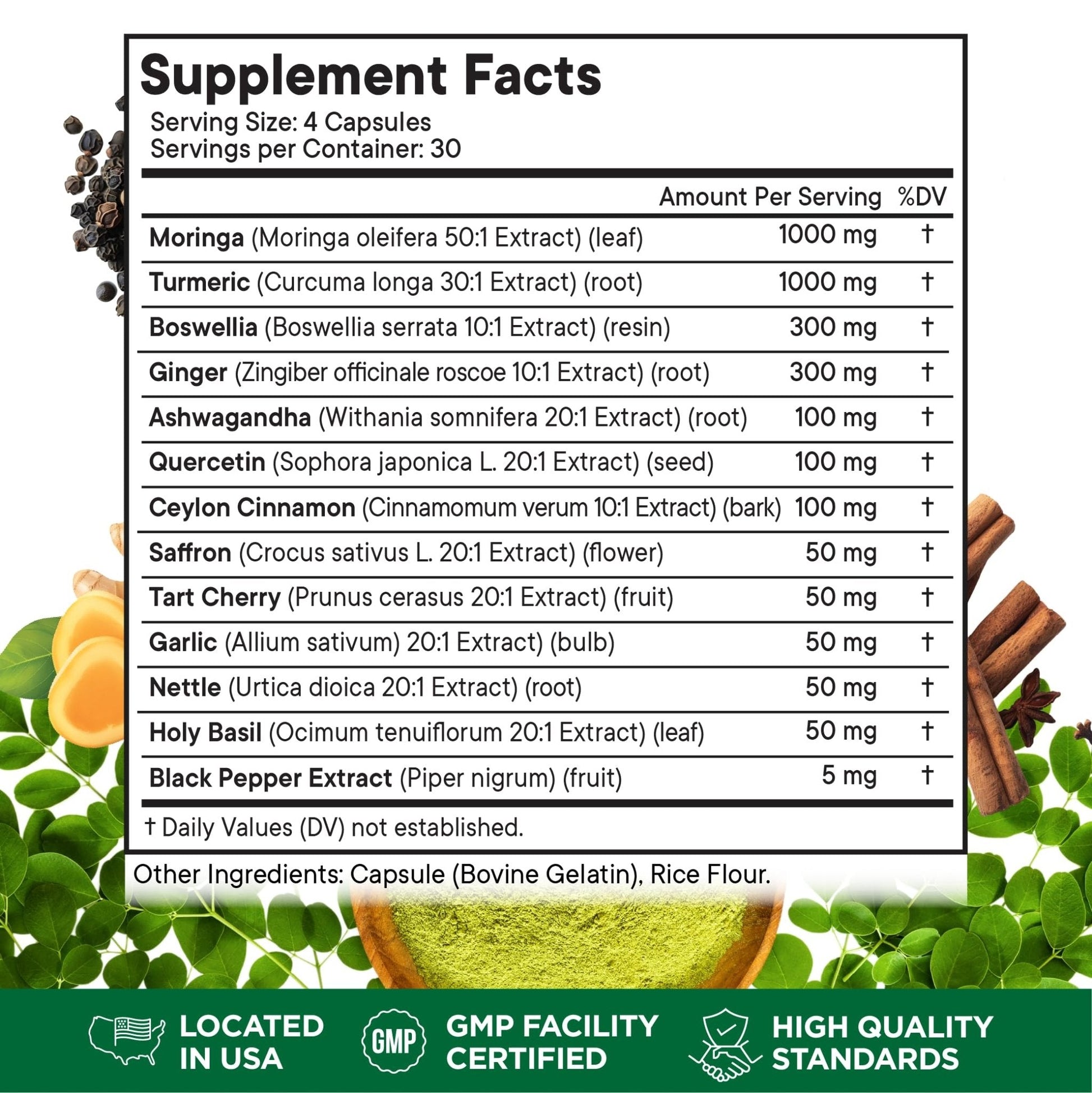 Turmeric Moringa Supplement | Ginger, Boswellia, Saffron, Holy Basil- Joint Support Supplement for Women and Men with Ceylon Cinnamon, Quercetin, Tart Cherry- 240 Count - PrimeBioHealth - canada supplements