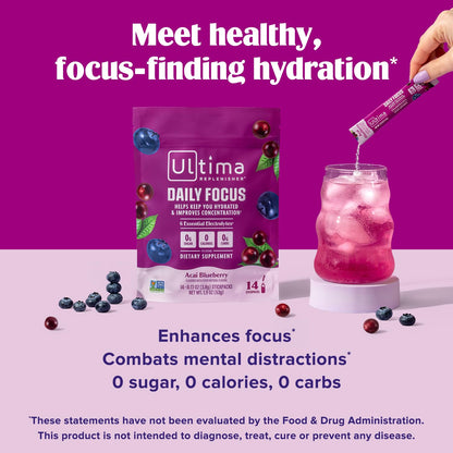 Ultima Replenisher Daily Focus Supplement & Electrolytes Powder - Acai Blueberry, 14 Stickpacks - Hydration Packets, 60mg Caffeine from Green Tea Extract & L-Theanine - PrimeBioHealth - canada supplements