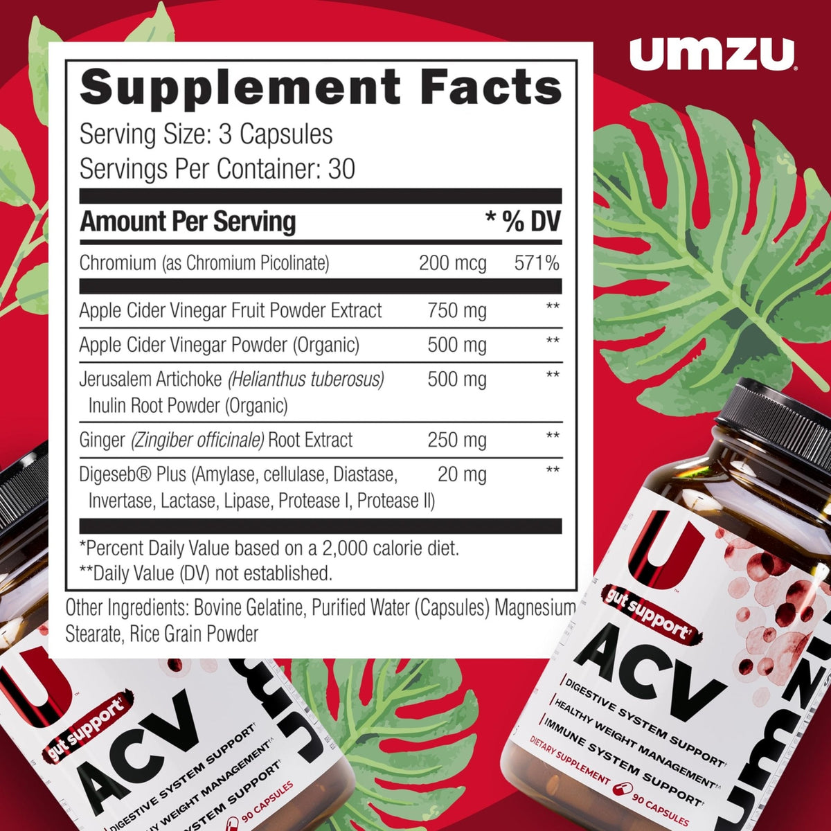 UMZU zuACV Apple Cider Vinegar + Prebiotics Supplement, (30 Day Supply) – ACV & Inulin Fiber Blend – Gut Health Support with ACV Capsules - PrimeBioHealth - canada supplements