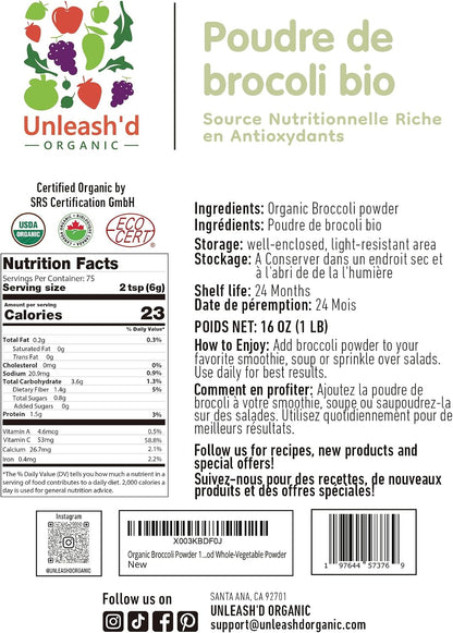 Unleash’d Organic Broccoli Powder 16 oz – 100% Pure Organic Superfood, Raw, Vegan, Non-GMO, Fiber & Vitamin-Rich - PrimeBioHealth - canada supplements