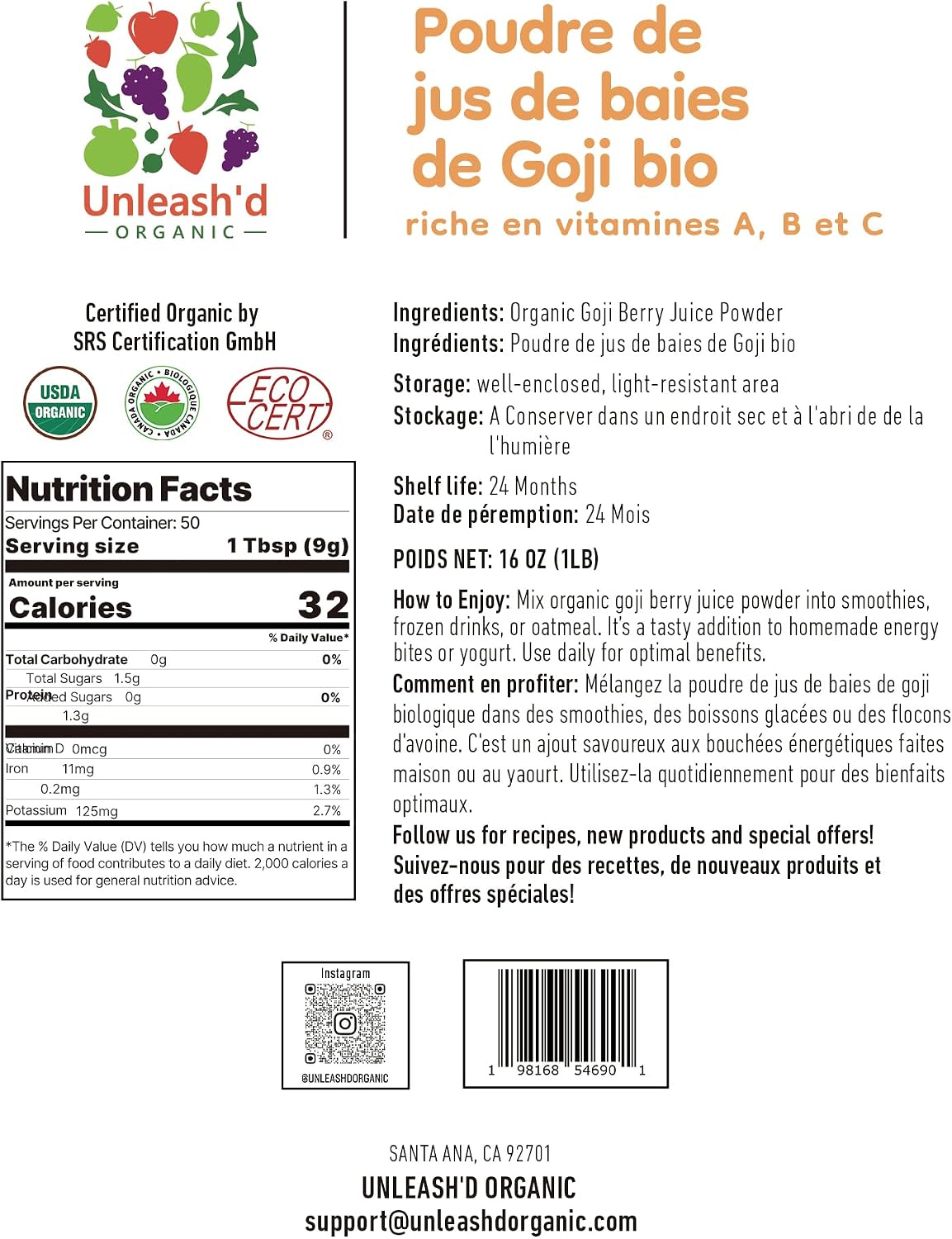 Unleash’d Organic Goji Berry Juice Powder 16 oz – 100% Pure Superfood, Rich in Antioxidants & Vitamins, Natural Nutrient Boost - PrimeBioHealth - canada supplements