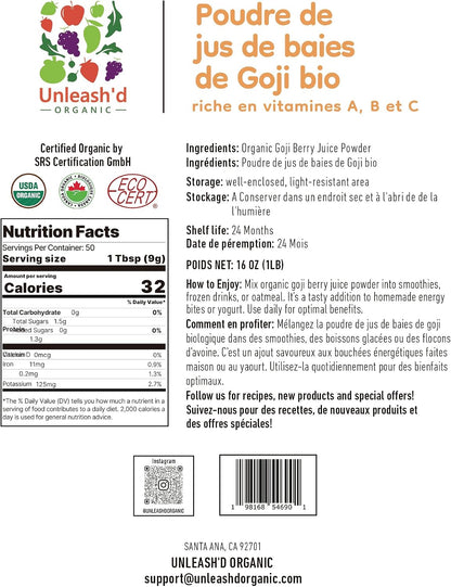 Unleash’d Organic Goji Berry Juice Powder 16 oz – 100% Pure Superfood, Rich in Antioxidants & Vitamins, Natural Nutrient Boost - PrimeBioHealth - canada supplements