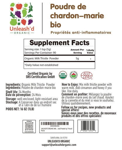 Unleash’d Organic Milk Thistle Powder 16oz – 100% Pure, Rich in Silymarin & Antioxidants, Supports Liver and Immune Health - PrimeBioHealth - canada supplements