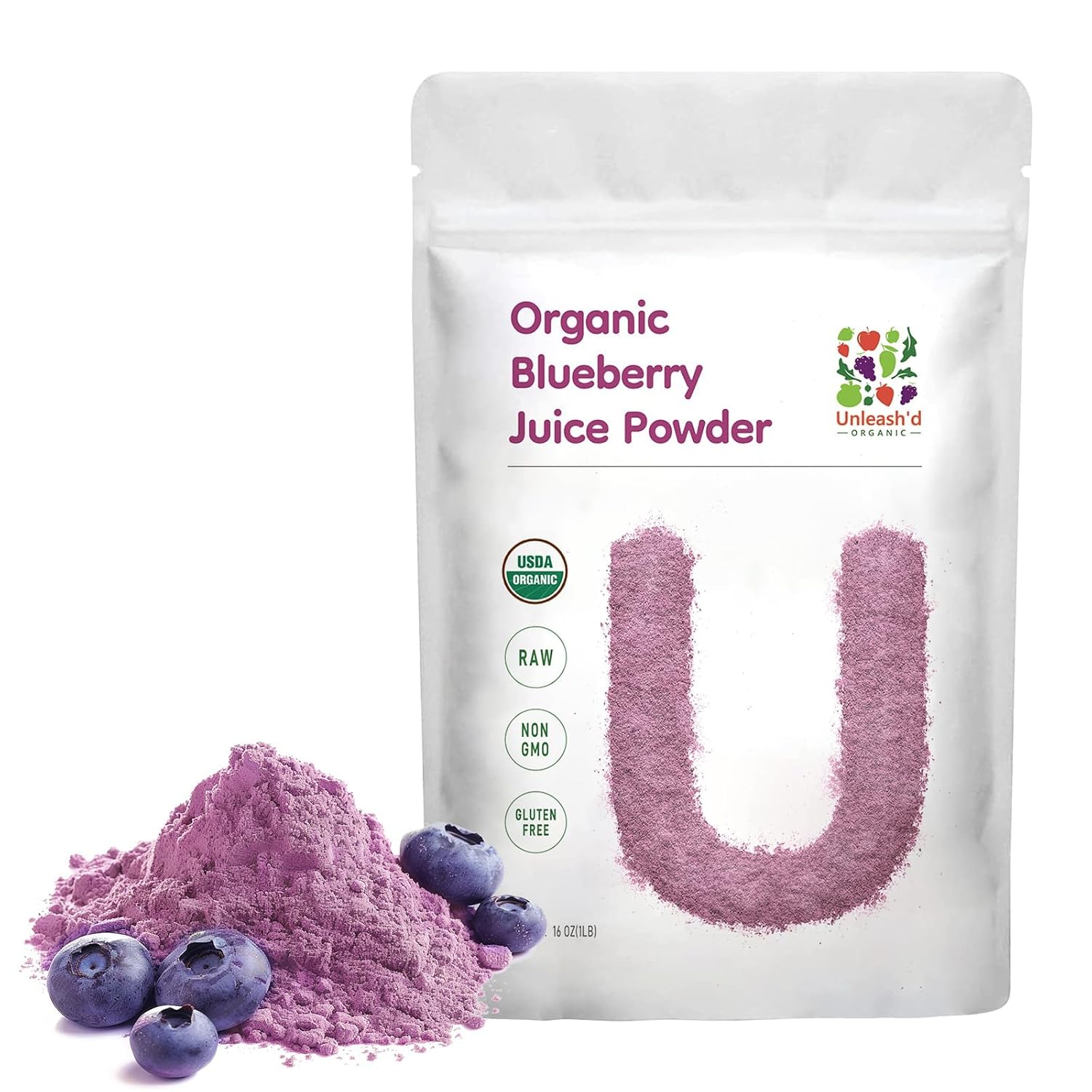 UNLEASH'D ORGANIC Organic Blueberry Juice Powder 16 oz – 100% Pure Natural Superfood, Rich in Antioxidants & Vitamins - PrimeBioHealth - canada supplements