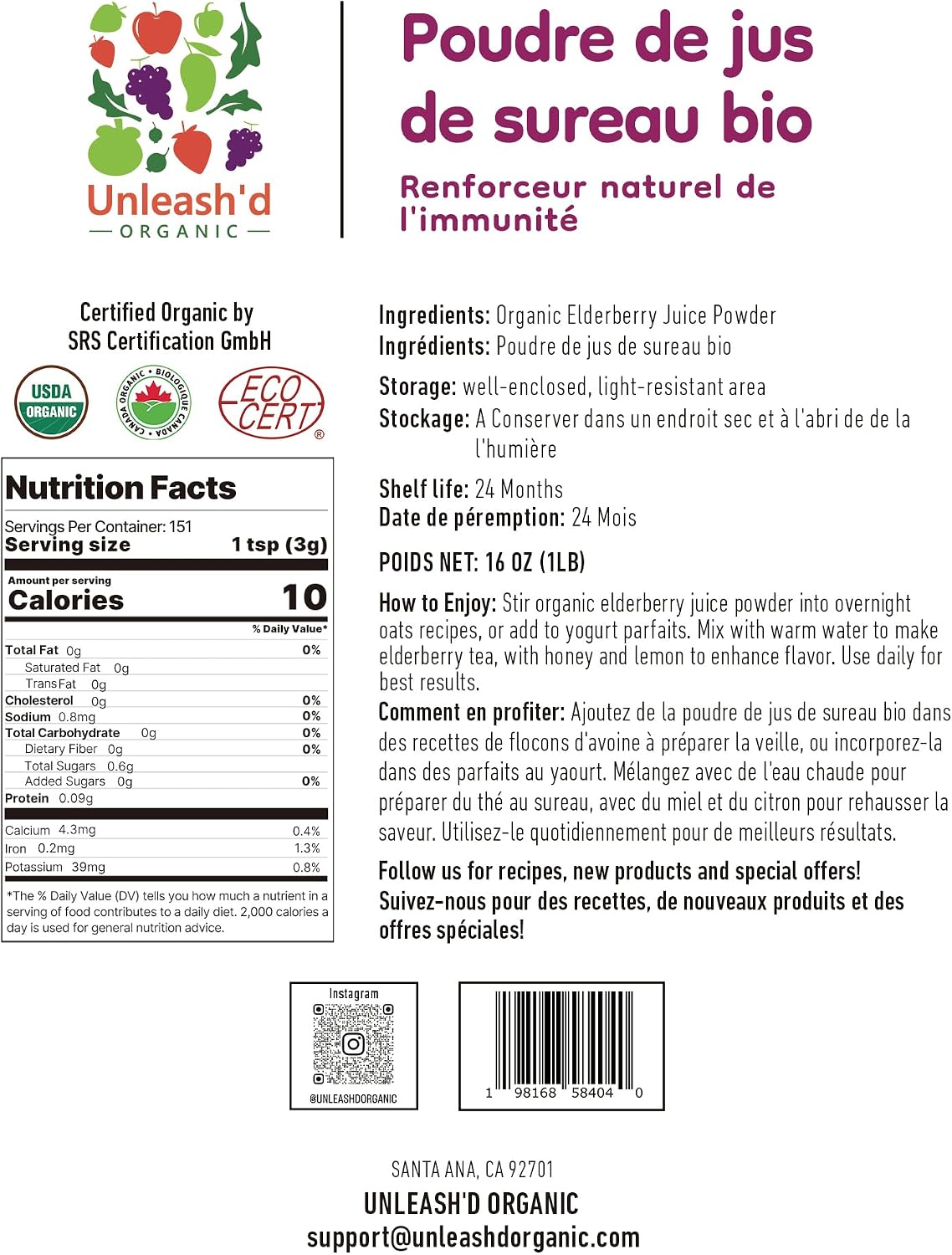 UNLEASH'D ORGANIC Organic Elderberry Juice Powder 16 oz – 100% Pure Natural Superfood, Rich in Antioxidants & Vitamins - PrimeBioHealth - canada supplements