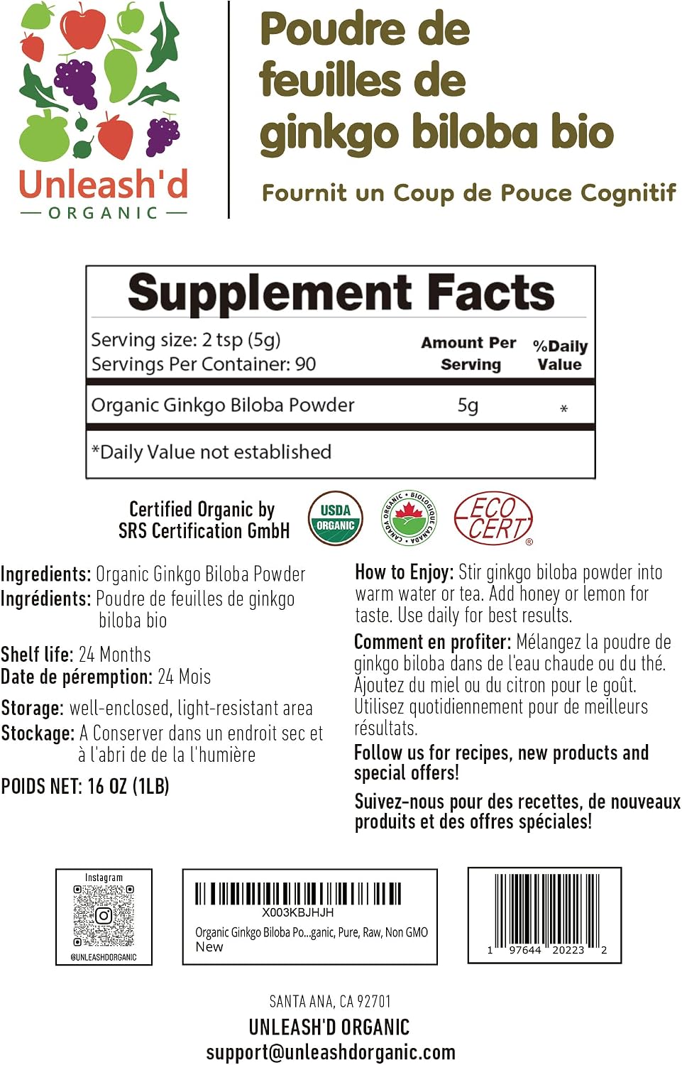 UNLEASH'D ORGANIC Organic Ginkgo Biloba Powder 16 oz, 100% Pure, Vegan, Raw, Non-GMO, Nutrient-Rich Superfood - PrimeBioHealth - canada supplements