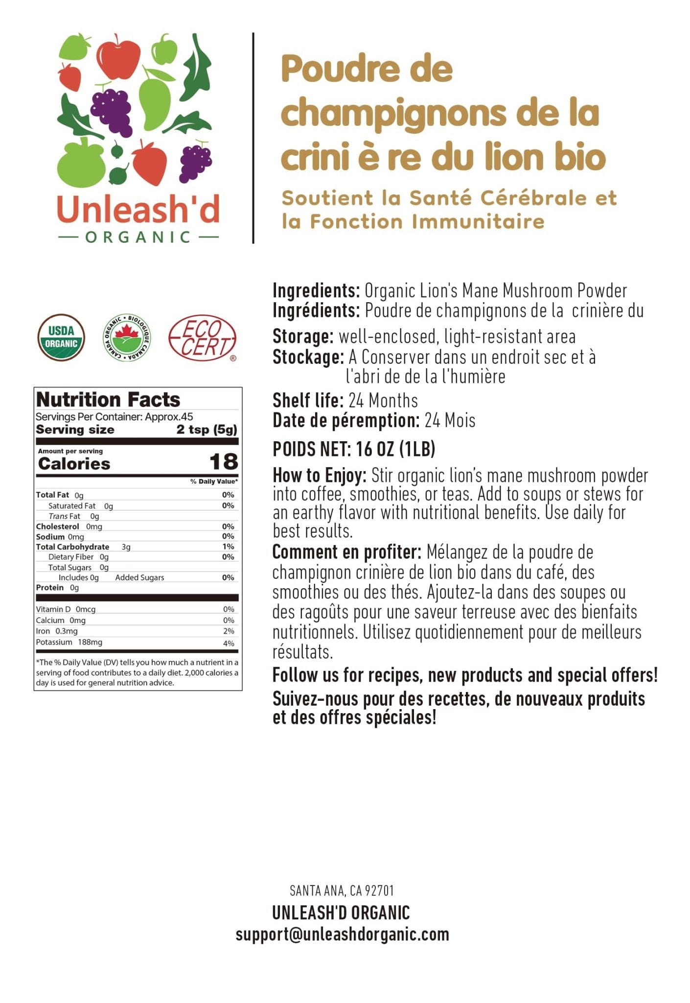 UNLEASH'D ORGANIC Organic Lion's Mane Mushroom Powder 16 oz – 100% Pure Natural Superfood, Rich in Antioxidants & Polysaccharides - PrimeBioHealth - canada supplements