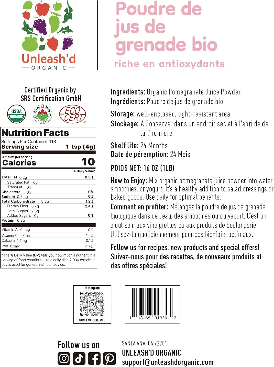 UNLEASH'D ORGANIC Organic Pomegranate Juice Powder 16 oz – Pure Superfood, Rich in Antioxidants & Nutrients - PrimeBioHealth - canada supplements