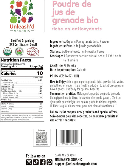 UNLEASH'D ORGANIC Organic Pomegranate Juice Powder 16 oz – Pure Superfood, Rich in Antioxidants & Nutrients - PrimeBioHealth - canada supplements