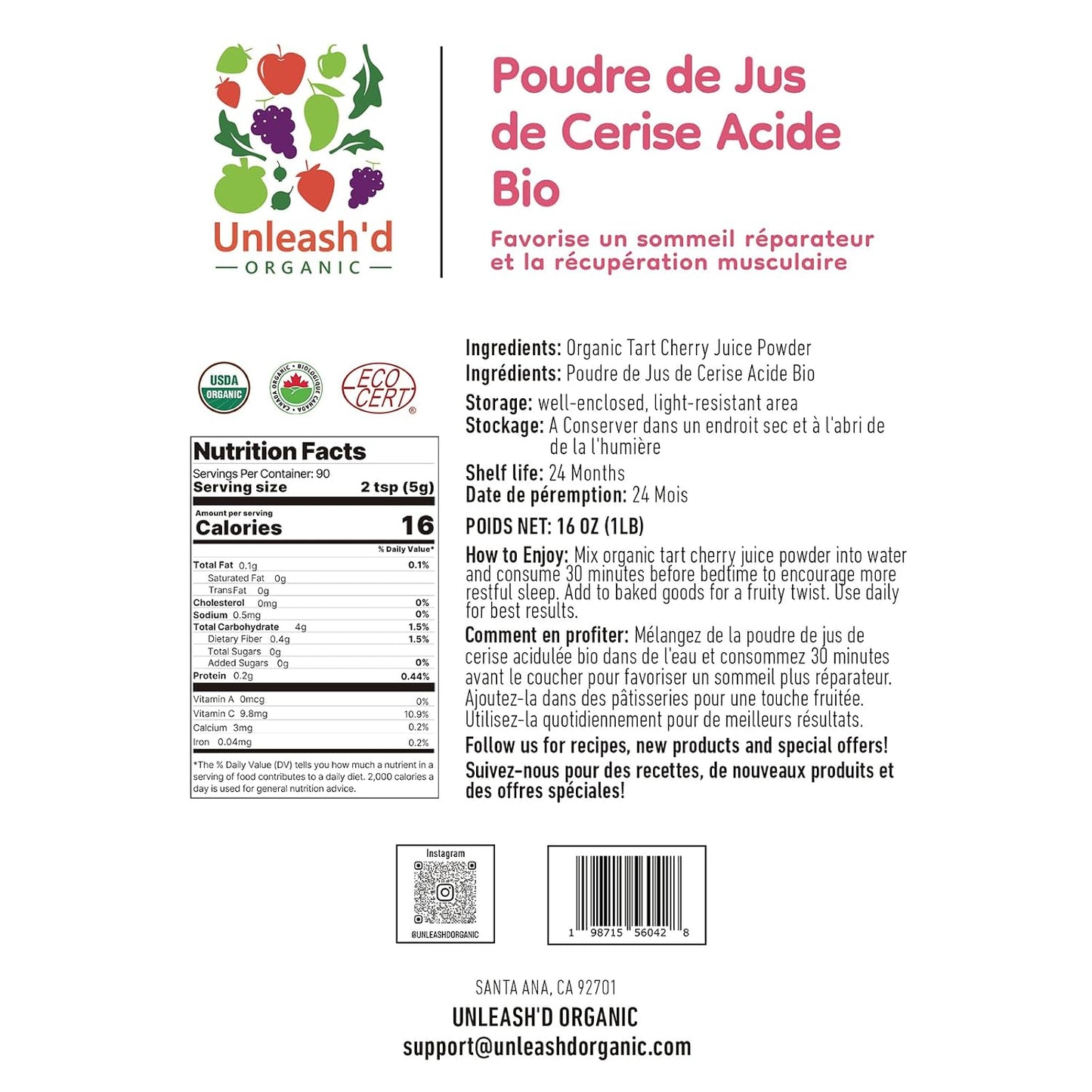 UNLEASH'D ORGANIC Organic Tart Cherry Juice Powder 16 oz – 100% Pure Natural Superfood, Rich in Antioxidants & Vitamins - PrimeBioHealth - canada supplements