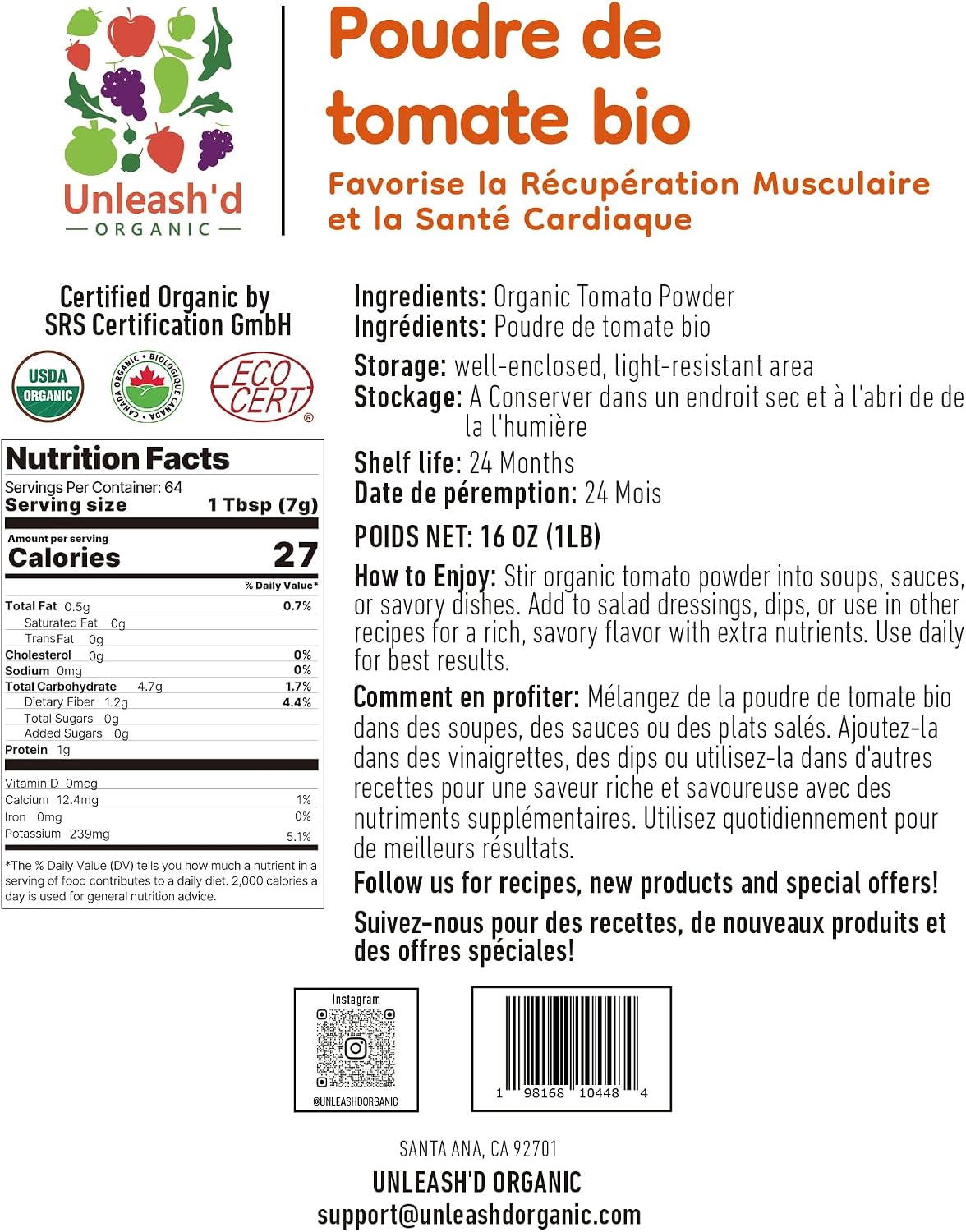 UNLEASH'D ORGANIC Organic Tomato Powder 16oz – 100% Pure Tomato Powder, USDA Organic, No Additives, for Smoothies, Soups, Sauces, Salads & Cooking - PrimeBioHealth - canada supplements