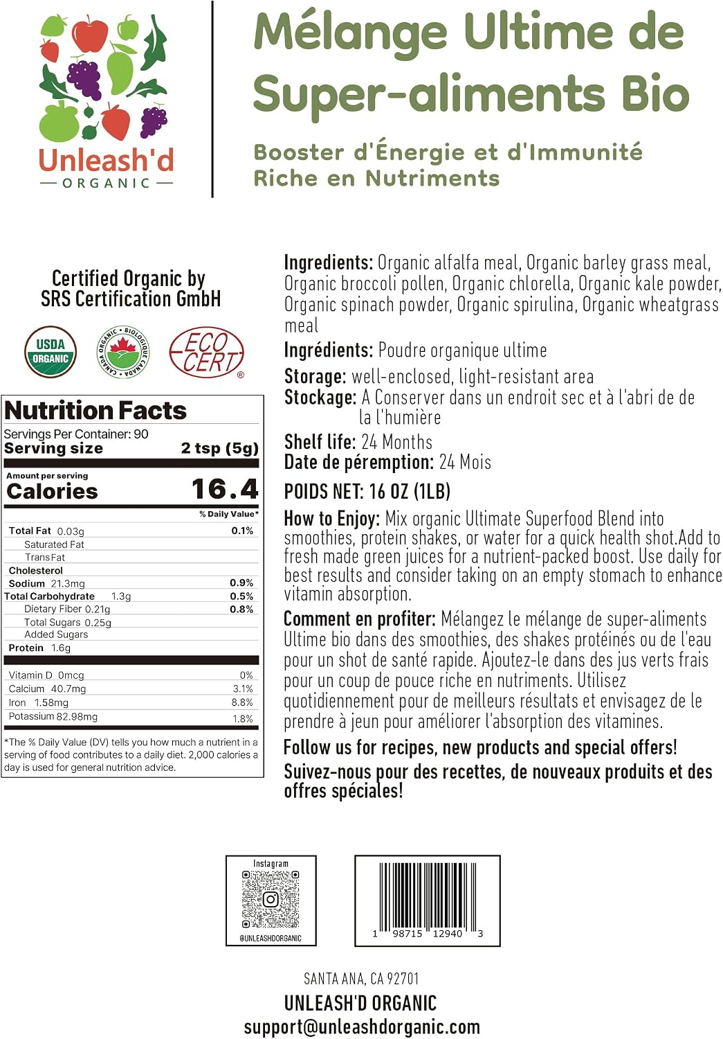 UNLEASH'D ORGANIC Organic Ultimate Superfood Powder 1 lb – 100% Natural Green Food, Rich in Antioxidants & Multivitamins - PrimeBioHealth - canada supplements