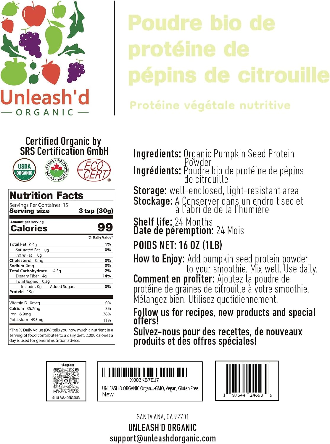 Unleash’d Organic Pumpkin Seed Protein Powder 16oz – Vegan, Non-GMO, Plant-Based Protein, No Artificial Sweeteners, Supports Immune Health - PrimeBioHealth - canada supplements