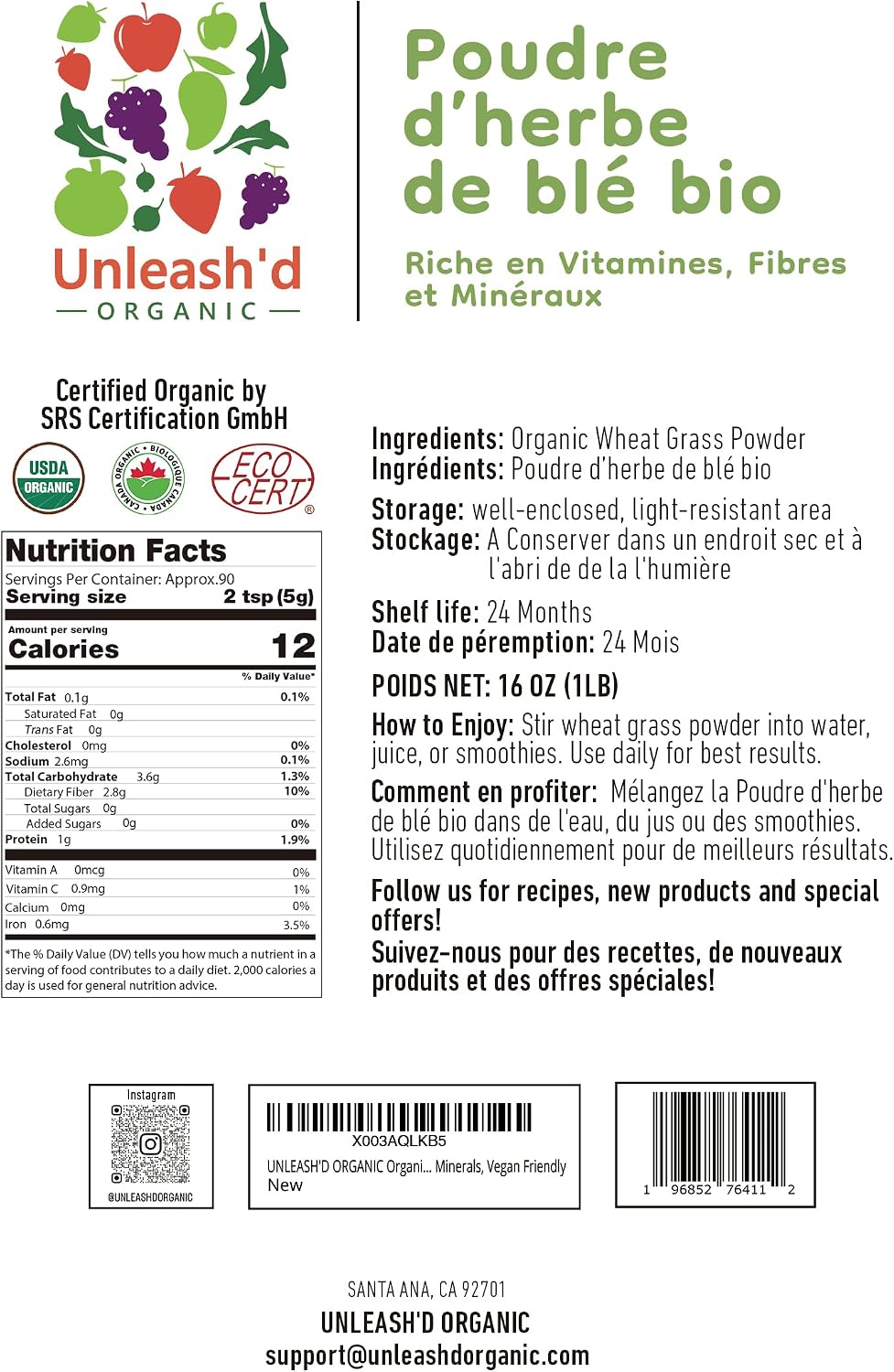 Unleash’d Organic Wheatgrass Powder 16 oz – 100% Pure Superfood, Rich in Vitamins, Fiber & Minerals for Immune Support & Wellness - PrimeBioHealth - canada supplements