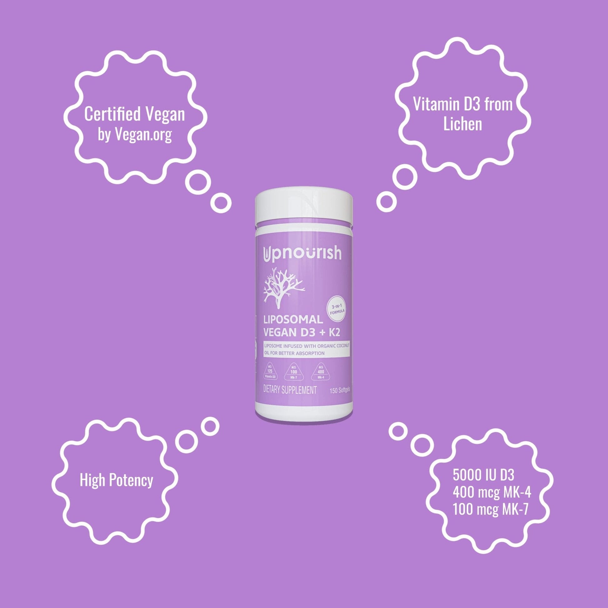 UpNourish Certified Vegan Vitamin D3 5000 IU K2 MK4 MK7 500 mcg Supplement, 150 Softgels, Plant Based Liposomal Vitamin D K with Organic - PrimeBioHealth - canada supplements