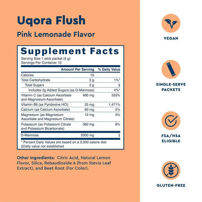Uqora Flush - Urinary Tract* with D-Mannose, Vitamin C, Vitamin B6, Potassium, Magnesium & Calcium - Gluten-Free & Vegan - Pink Lemonade Flavor - 10 Packets (1 Pack)