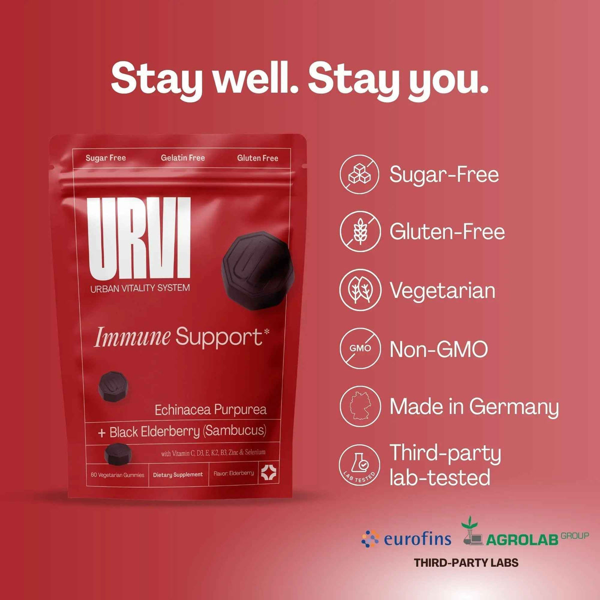 URVI® Immune Support Gummies - Vitamin C, D3 K2, E, Niacin, Zinc & Selenium with Elderberry & Echinacea