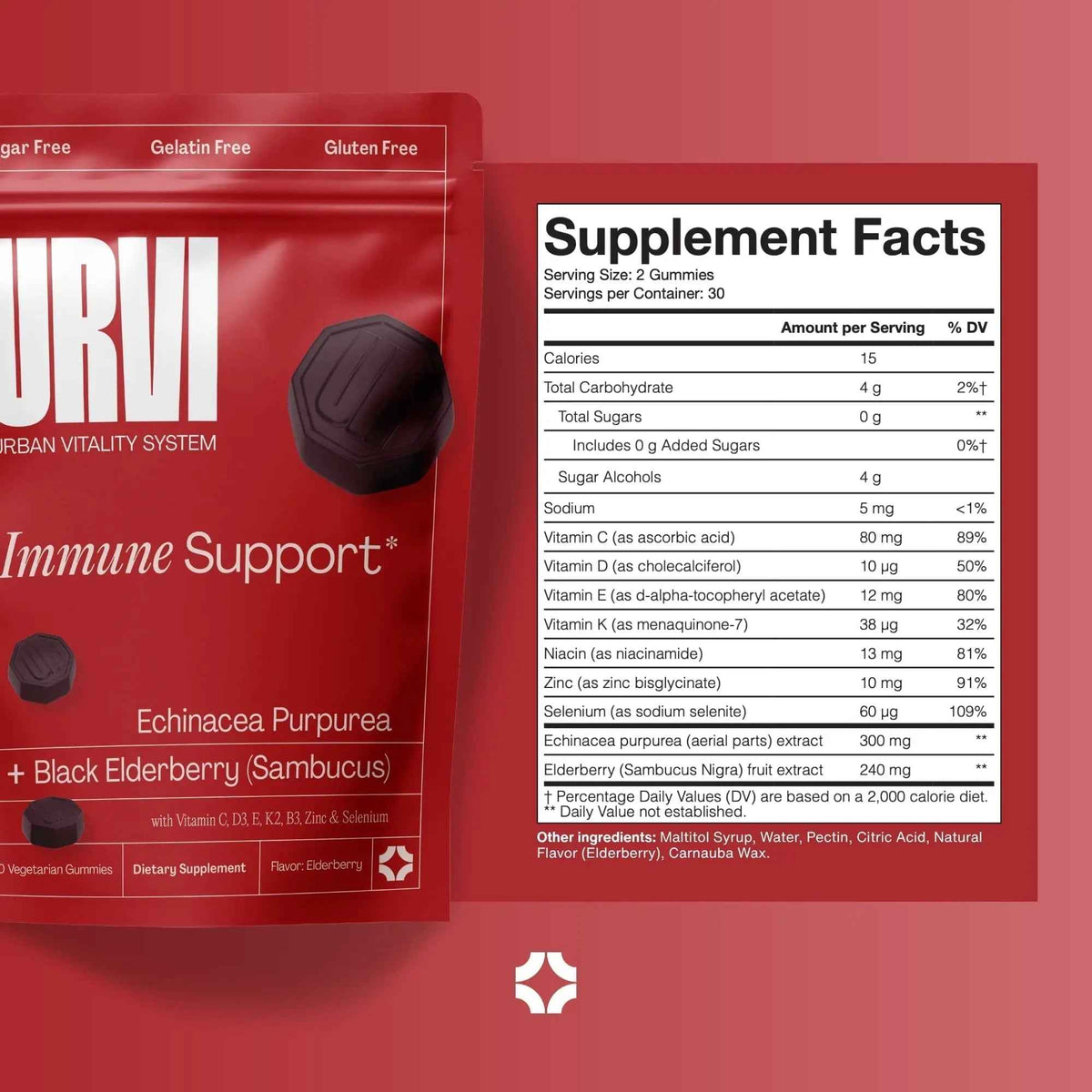 URVI® Immune Support Gummies - Vitamin C, D3 K2, E, Niacin, Zinc & Selenium with Elderberry & Echinacea