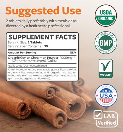 USDA Organic Ceylon Cinnamon Pills - High Potency Ceylon Cinnamon Supplement with 1000mg per Serving for Full Body Antioxidant Support - Vegan Non-GMO cGMP Made & Lab Verified (2 Months Supply) - PrimeBioHealth - canada supplements