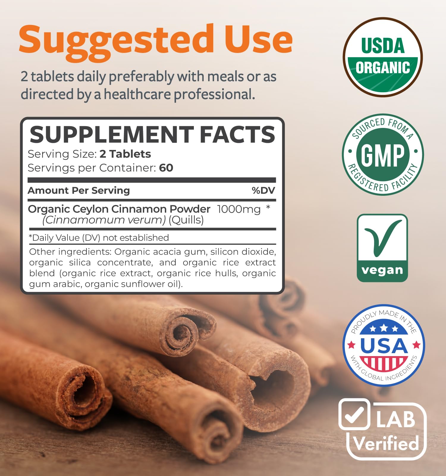 USDA Organic Ceylon Cinnamon Pills - High Potency Ceylon Cinnamon Supplement with 1000mg per Serving for Full Body Antioxidant Support - Vegan Non-GMO cGMP Made & Lab Verified (2 Months Supply) - PrimeBioHealth - canada supplements