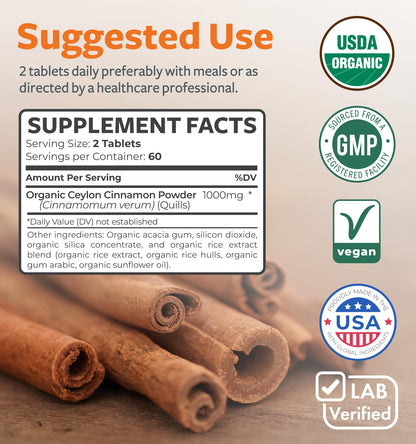 USDA Organic Ceylon Cinnamon Pills - High Potency Ceylon Cinnamon Supplement with 1000mg per Serving for Full Body Antioxidant Support - Vegan Non-GMO cGMP Made & Lab Verified (2 Months Supply) - PrimeBioHealth - canada supplements