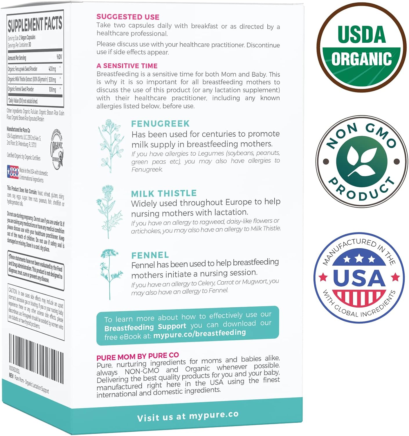 USDA Organic Lactation Supplement - Increase Milk Supply with Herbal Breastfeeding Support - Aid for Mothers - Organic: Fenugreek Seed, Fennel & Milk Thistle - 60 Vegan Capsules (No Pills or Cookies) - PrimeBioHealth - canada supplements