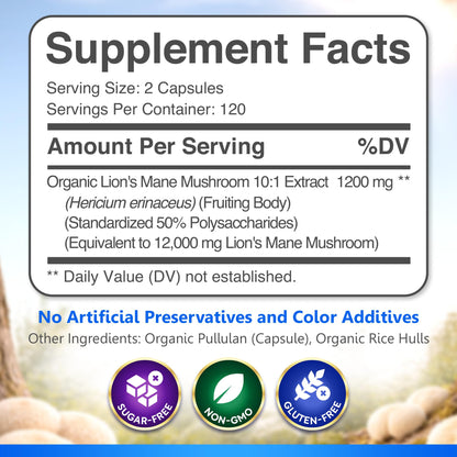 USDA Organic Lion's Mane, 50% Polysaccharides, 120ct | Focus | Brain Health - PrimeBioHealth - canada supplements