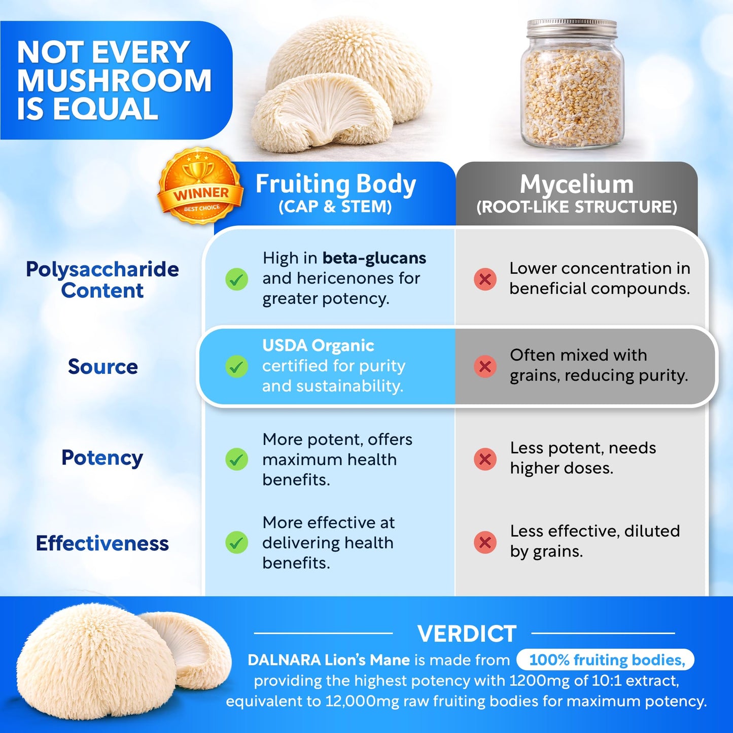 USDA Organic Lion's Mane, 50% Polysaccharides, 120ct | Focus | Brain Health - PrimeBioHealth - canada supplements