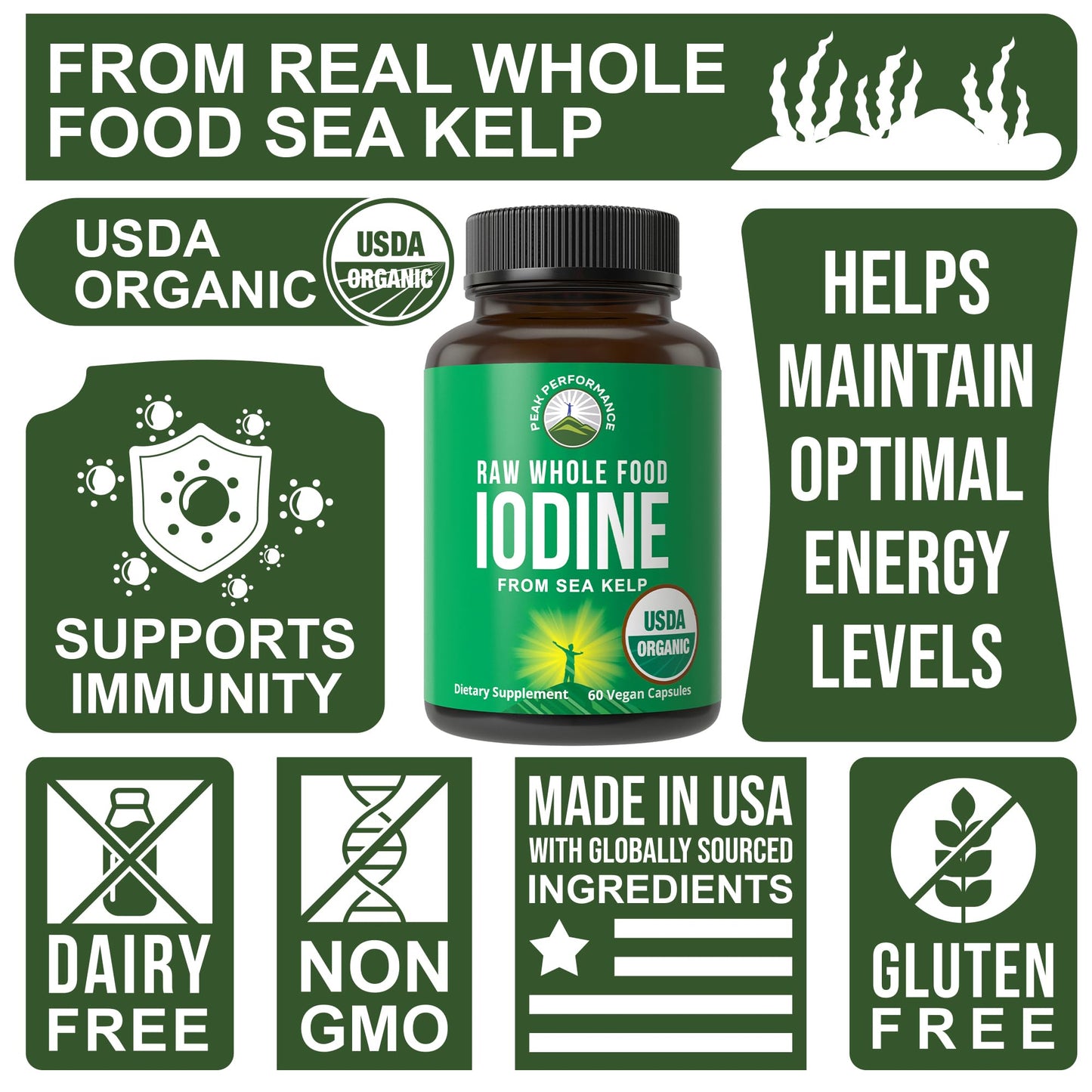 USDA Organic Raw Whole Food Iodine Supplement from Kelp (Ascophyllum Nodosum) - Potassium Iodide Tablets Alternative - for Thyroid, Energy, and Immune Support - 60 Vegan Capsules by Peak Performance - PrimeBioHealth - canada supplements