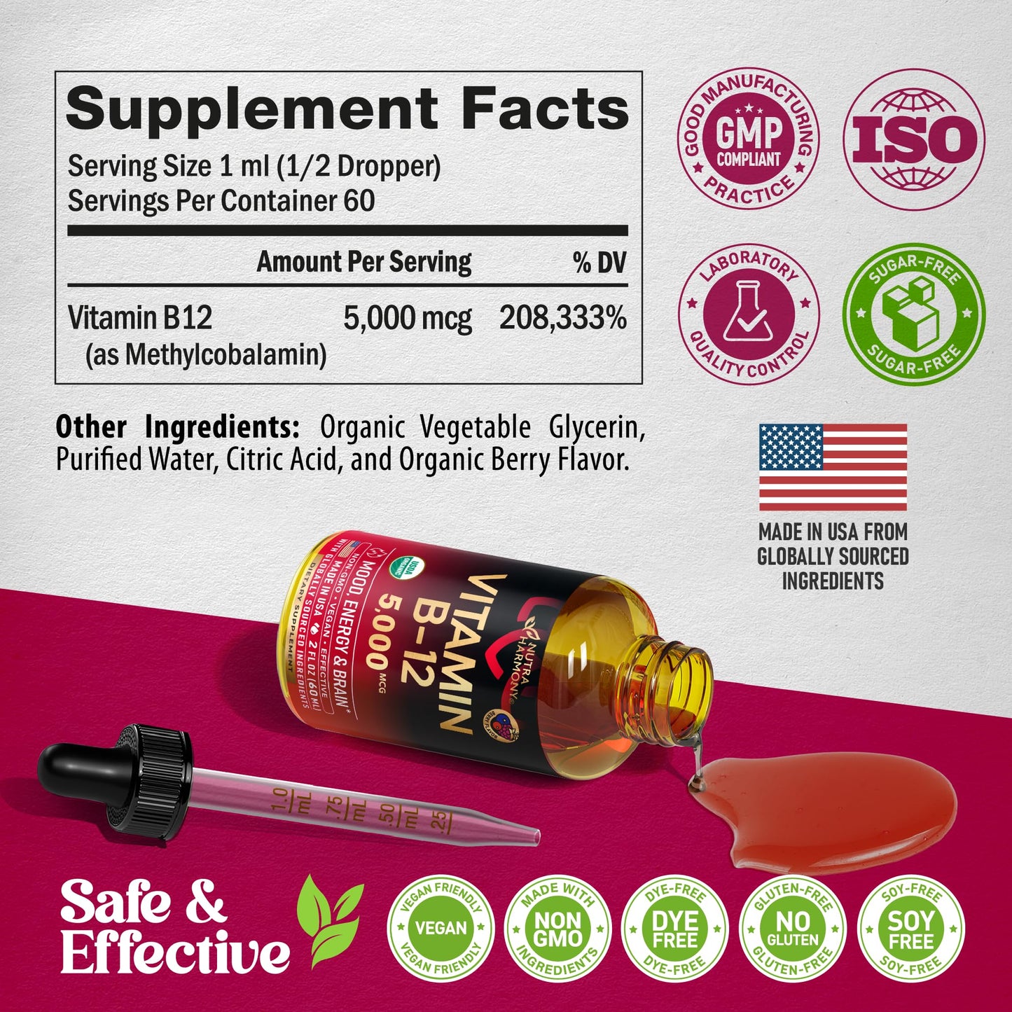 USDA Organic Vitamin B12 Sublingual Drops - 5000 mcg Liquid Vegan Methylcobalamin for Women & Men - Energy Boost, Focus & Mood, Brain Health Support - PrimeBioHealth - canada supplements