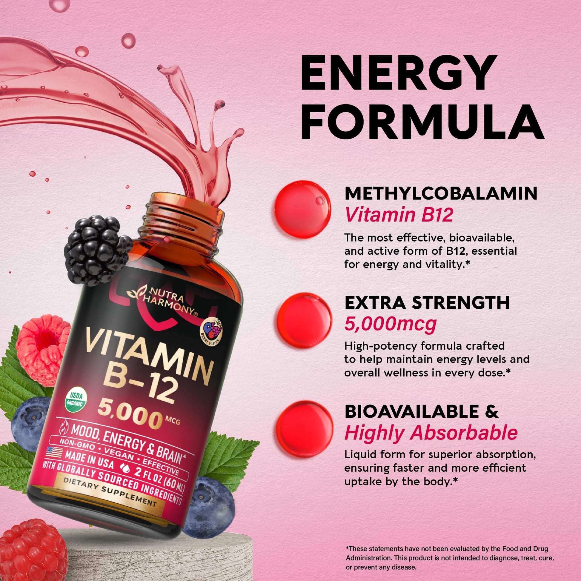 USDA Organic Vitamin B12 Sublingual Drops - 5000 mcg Liquid Vegan Methylcobalamin for Women & Men - Energy Boost, Focus & Mood, Brain Health Support - PrimeBioHealth - canada supplements