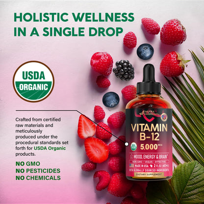 USDA Organic Vitamin B12 Sublingual Drops - 5000 mcg Liquid Vegan Methylcobalamin for Women & Men - Energy Boost, Focus & Mood, Brain Health Support - PrimeBioHealth - canada supplements